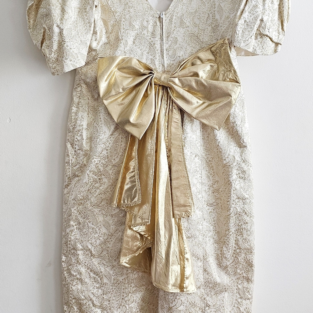 Vintage 80s Handmade Gold Brocade Cocktail Dress Puff Sleeve Statement Bow Back - Picture 9 of 16